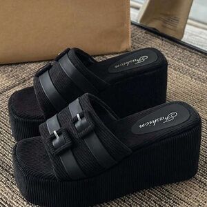 Elegant Black Sandals For Women, Faux Suede Buckle Decor Wedge Slide Sandals